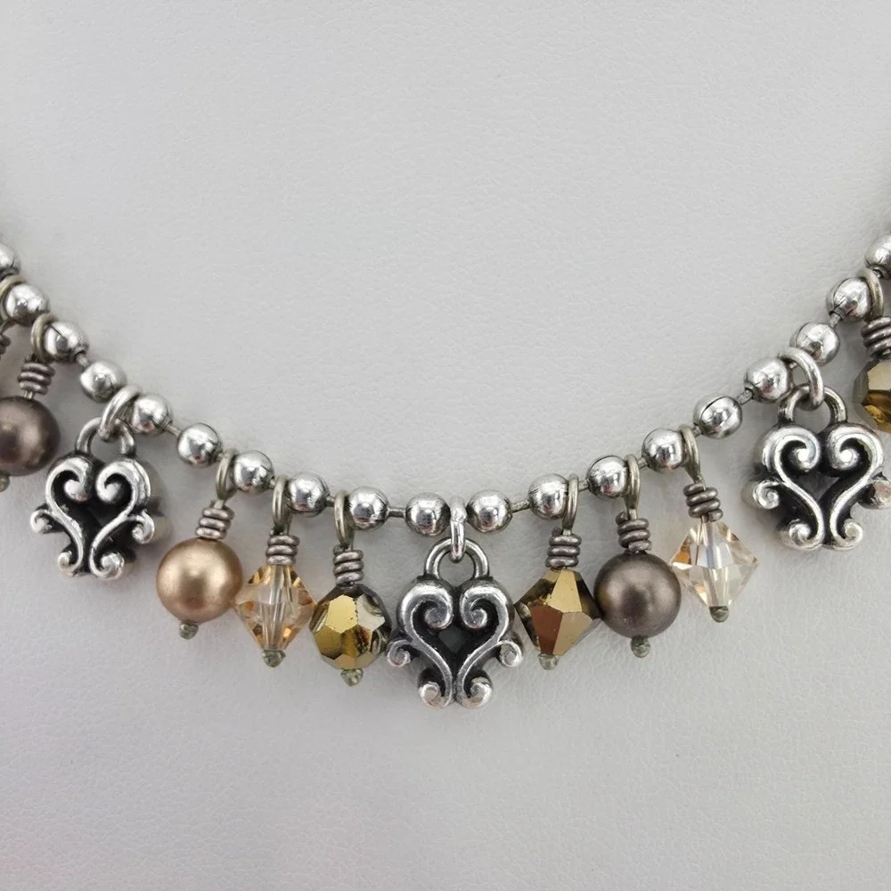BRIGHTON 'Cannes' Fringe Collar Necklace Scroll Heart Crystal Silver Plate 18